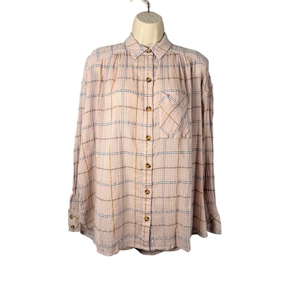 Free People Top Women XS Break My Stripe Plaid Oversized Pale Pink Gold Metallic - Picture 1 of 16